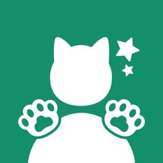 a white cat with paws and stars on a green background