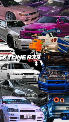 many different colored cars are shown in this collage with the words skyline r38