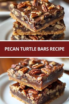 pecan turtle bars are stacked on top of each other