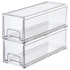 two clear plastic drawers are stacked on top of each other, one is open and the other is closed