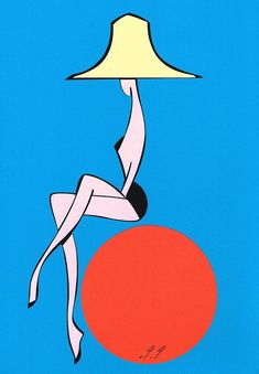 a woman sitting on top of a red ball under a lamp