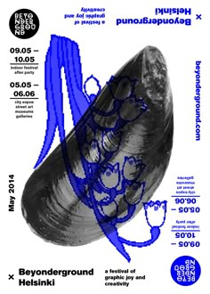 the poster for an art exhibition with blue ink on white paper and black lettering, which reads beyond ground heistiki