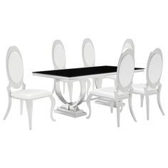 a dining room table with white chairs and a black top in front of a white background