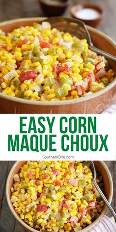 two bowls filled with corn salad on top of a wooden table