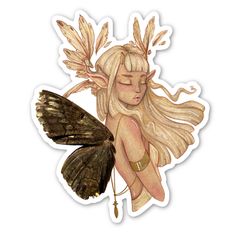 a drawing of a fairy with wings and a butterfly on her back, sitting down