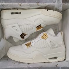 Jordan 4 Metallic Gold Size 12 Women Size 10,5 Men Sneaker Is Unisex Jordan 4 Metallic Gold, Shoes For Quinceanera, Custom Jordan 4, Sneaker Concept, Jordan 4 Metallic, Jordan 4 Shoes, Nike Shoes Women Fashion, Thrifted Fashion, Jordan 4’s