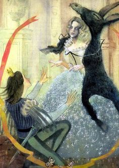 an illustration of a cat attacking a woman in the middle of a room with other cats