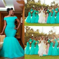 several pictures of different styles of bridesmaid dresses in turquoise and white, including one with