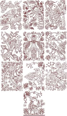 four different images of birds and flowers in red ink on white paper, each with an intricate