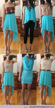 "How to wear a high low skirt. « whyidontthinkaboutit" // I like it but I don't understand how the style in the middle of the lower row is possible...?o.O Vestido Convertible, Rocker Girl, High Low Skirt, School Looks, Different Outfits, Marchesa, Looks Style, Fast Fashion