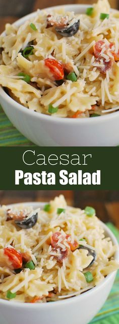 two pictures of pasta salad in white bowls