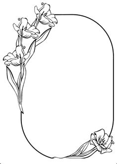 a black and white drawing of flowers with an oval frame in the middle, on a white background