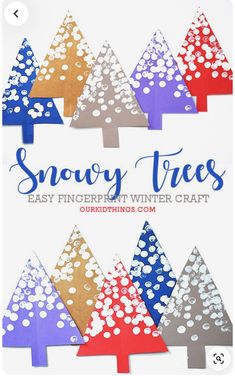 snow trees made out of construction paper with the words snowy trees on it and white polka dots