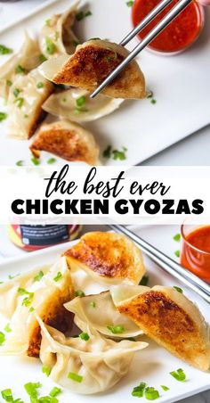 the best ever chicken gyozas with dipping sauce on top and in between