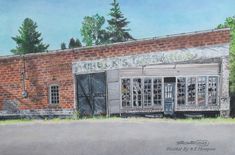 a drawing of an old brick building with glass doors and windows on the side of it