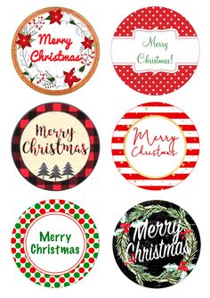 four christmas stickers with merry lettering on them