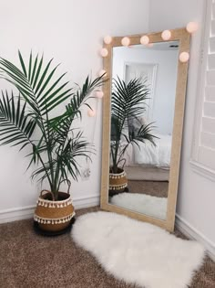 a mirror sitting on top of a floor next to a potted plant in front of a mirror