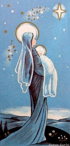 a drawing of a woman holding a baby in her arms and stars above her head