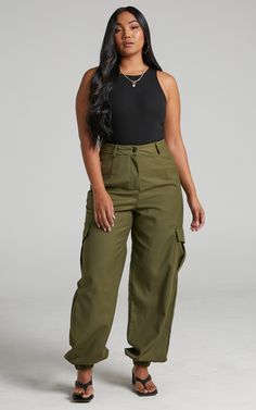 Xyriel Utility Style Cargo Pants in Khaki | Showpo USA Outfits With Green Cargo Pants, Khaki Cargo Pants Outfit, Cargo Pants Outfit Summer, Cargo Pants Outfit Street Style, Green Cargo Pants Outfit, 2023 Clothes, Women's Wardrobe Essentials, Club Attire, Winter Sewing