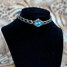 Silver & blue watch choker necklace ⏱ Has a lobster clasp hook, and adjustable length, 16" long Formal Adjustable Choker, Handmade Blue Choker Necklace, Blue Adjustable Chain Choker Jewelry, Blue Metal Jewelry With Lobster Clasp, Blue Crystal Choker Necklace Gift, Vintage Blue Choker Jewelry, Elegant Blue Metal Choker, Adjustable Blue Unique Choker, Blue Metal Choker Necklace