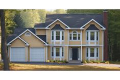 a large house with two garages and three windows in front of the house is shown