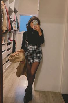 Mini Skirt Christmas Outfit, Curdoroy Skirt Outfits, Black Checkered Skirt Outfit, Winter Skirt Outfit Aesthetic, Fall Outfits Skirts Tights, Birthday Outfits Ideas For Women, Dr Martins Outfits Women, Jumper Dress Outfit Winter, Outfits For 70 Degree Weather