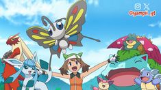 several pokemon characters are standing in front of the sky with their arms up and hands raised