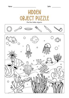 the hidden object puzzle is shown in black and white, with an underwater scene on it