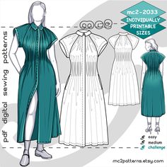 "Digital-PDF pattern for sewing a Shirt Dress with a Pleated Waist, Raglan Sleeve, and In-seam Pockets. UK sizes: 10-12-14-16-18-20 US sizes: 6-8-10-12-14-16  To find out which size fits you best - use our MC2 Body Measurements Chart as your size guide (see picture). MATERIALS: Lightweight Woven fabric. Size UK10: 150x215cm  / 60\"x86\" Size UK20: 150x250cm / 60\"x100\" As you might imagine, that is an impossible task to give recommendations for an amount of fabric usage for ALL possible materia Raglan Dress Pattern, Shirt Dress Pattern Drafting, Button Up Dress Pattern, Raglan Sleeve Dress Pattern, Bishop Sleeve Flat Sketch, Sewing A Shirt, Body Measurements Chart, Raglan Sleeve Technical Drawing, Raglan Sleeve Dress