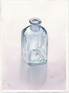 a glass bottle sitting on top of a white table next to a pink wall and floor