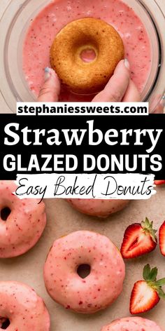 strawberry glaze donuts with fresh strawberries in the background and text overlay