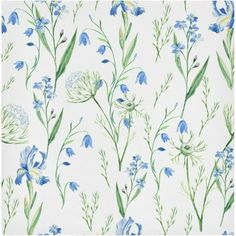 blue flowers and green leaves are on a white wallpaper with watercolng effect