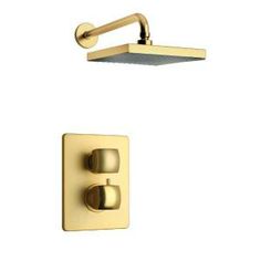 a gold shower faucet with thermostaer and hand shower head in polished brass