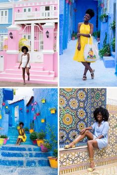 four different pictures of women in yellow and blue, with one woman sitting on the steps