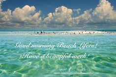 the water is very clear and blue with clouds in the sky above it, as well as birds on the beach