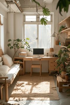 a home office with plants in the corner