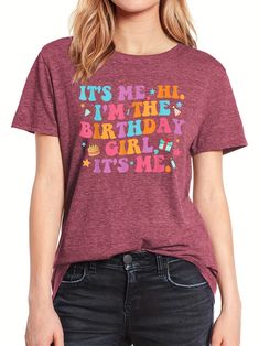 Sweet and Sassy: Birthday Girl Letter Print T-Shirt for Women Playful Letter Print T-shirt, Pink Crew Neck Top For Birthday, Trendy Funny Print T-shirt For Parties, Trendy Party T-shirt With Letter Print, Trendy Slogan Tops For Party, Trendy Party Tops With Slogan, Trendy Pink Tops For Birthday, Trendy T-shirt With Letter Print For Party, Cute Graphic Print Top For Birthdays