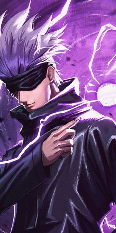 an anime character with white hair and black clothes holding his hands on his chest while standing in front of a purple background