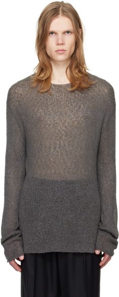 Sheer open knit silk- and cotton-blend sweater. · Crewneck · Dropped shoulders Supplier color: Old grey Casual Gray Open Knit Sweater, Gray Open Front Knit Sweater, The Row Cardigan, The Row Ophelia Sweater, Luxury Gray Fine Knit Sweater, Sweaters Crewneck, Knitwear Men, Apparel Accessories, The Row