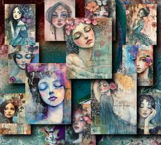 a collage of different pictures with women's faces and flowers in their hair