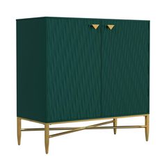 a green cabinet with two gold handles on the top and bottom, against a white background