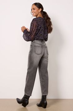 A bowed, tapered leg creates the chic silhouette of these EVEREVE barrel jeans, featuring a high-rise fit, ankle-length hems, and soft cotton-blend denim in a faded black wash. Pair with a pullover and sneakers during the day, then switch to a blouse and heels for a night-out look. | EVEREVE Women's Ever Vintage Barrel Leg Jeans, Size 27, Black Barrel Leg Jeans, Vintage Barrel, Barrel Jeans, The Chic, Body Measurements, Get Dressed, Tapered Legs, Ankle Length, Leg Jeans