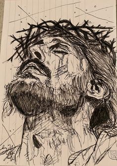 a drawing of the face of jesus with crown of thorns on his head and eyes