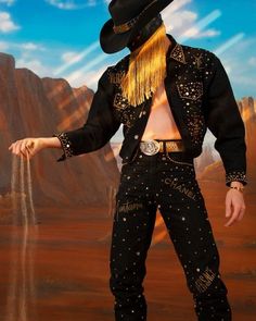 Rhinestone Cowboy Outfit Men, Orville Peck Outfit, Cowboy Style Outfits, Shooting Pose, Goth Cowboy