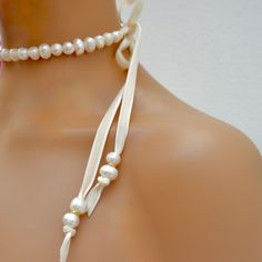 Handcrafted necklace choker, Freshwater pearls, double faced french silk velvet ribbon, finished with more pearl danglers. It's feminine, chic and stylish for the Bride to be or anyone loving pearls with a modern twist. Pearls measure between 15” to 16" in length Custom sizes available upon request Silk velvet double faced ribbon available in 3 colors Made with love in Los Angeles Complimentary gift wrapping provided All sales final. Jewelry With Ribbon, Wrap Around Bracelets, Diy Pearl Necklace, Ribbon Choker Necklace, Ribbon Choker, Metal Choker, Silk Jewelry, Pearl Jewelry Design, Bridal Choker