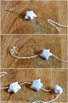 three different views of how to make an origami star string art project for kids