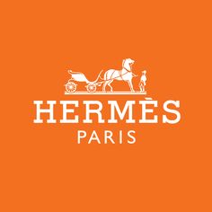 the logo for hermes paris with a horse drawn carriage and dog on an orange background