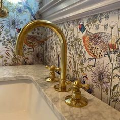 two faucets are sitting next to a sink in a bathroom with wallpaper