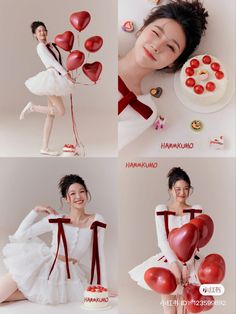 four different pictures of a woman with balloons in her hands and cake on the table