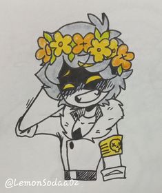 a drawing of a girl with flowers on her head